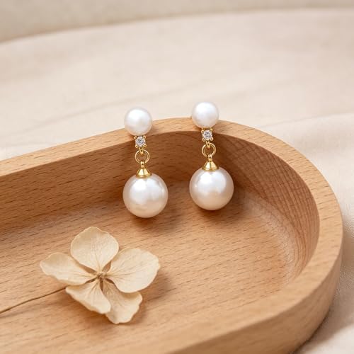 Pearl Earrings for Women Trendy, 14k Gold Plated Freshwater CZ Leaf Pearl Dangle Drop Gold Earrings Lightweight Hypoallergenic Stud Earring Bridesmaid Wedding Gold Jewelry for Women Gifts - style: two pearl earrings