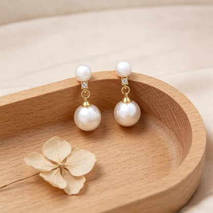 Pearl Earrings for Women Trendy, 14k Gold Plated Freshwater CZ Leaf Pearl Dangle Drop Gold Earrings Lightweight Hypoallergenic Stud Earring Bridesmaid Wedding Gold Jewelry for Women Gifts - style: two pearl earrings