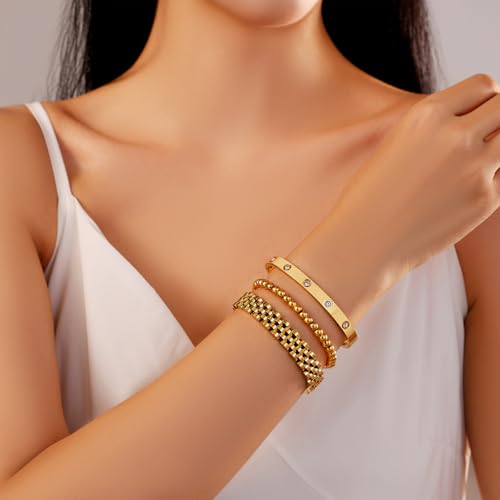 18K Gold Plated Bangle Bracelet Set for women,Cubic Zirconia Classic Stainless Steel Adjustable Gold Tennis Love Bracelets Stack for women and men - color: Wristband Beads Set