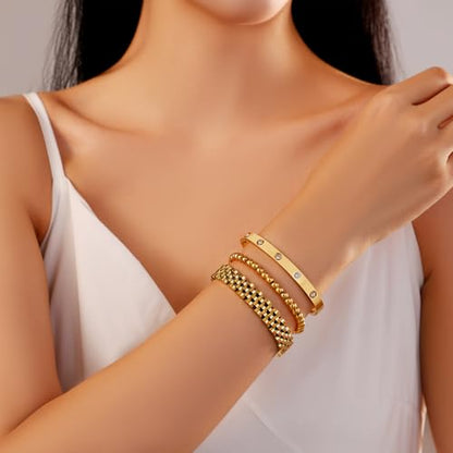 18K Gold Plated Bangle Bracelet Set for women,Cubic Zirconia Classic Stainless Steel Adjustable Gold Tennis Love Bracelets Stack for women and men - color: Wristband Beads Set
