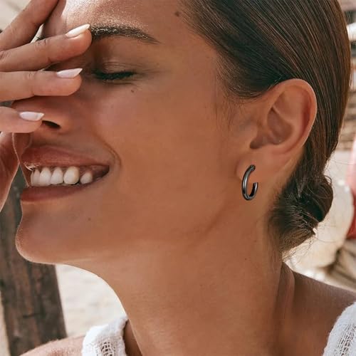 Gold Hoop Earrings for Women 14K Gold Plated | 925 Sterling Silver Post Hypoallergenic Hoop Earrings - color: Black, size: 14mm