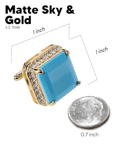 Large Big Square Crystal Color Stone Cuff Links for Men – Tuxedo Suit Accessories, Cufflinks for Men - style: Matte Sky/Gold