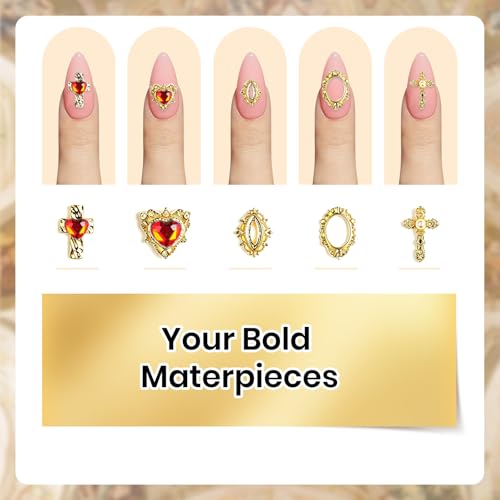 Beetles Gold Nail Charms Set 54PCS Metallic Nail Art Tools | Bows Cross Butterfly Heart Pearl and Flowers 3D Nails Charms and Gems for Nails Art Design Gold Metal Manicure Accessories - color: 3D Nail Charms-Metal