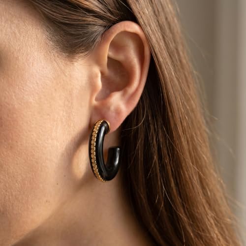 Gold Plated Resin Chunky Hoop Earrings Hypoallergenic Push Back Hoops for Sensitive Ears - color: Black