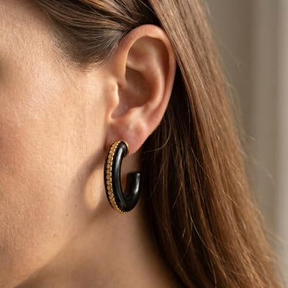 Gold Plated Resin Chunky Hoop Earrings Hypoallergenic Push Back Hoops for Sensitive Ears - color: Black