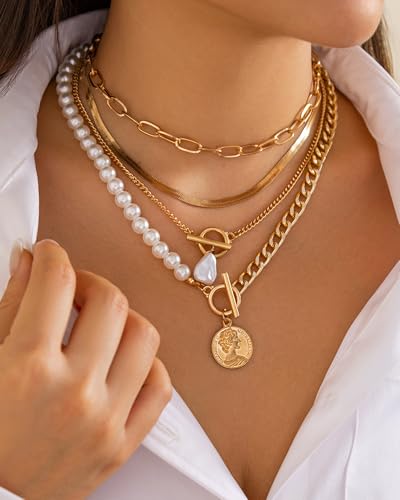 Gold Layered Necklaces for Women Chunky Layered Gold Necklaces Stacked Paperclip Chain Pearl Necklace Herringbone Toggle Clasp Choker Trendy Statement Jewelry Gifts - color: A8:chunky gold necklaces