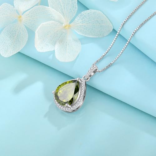 FJ Teardrop Pendant Necklace 925 Sterling Silver Birthstone Jewelry for Women - color: 08 August-Peridot