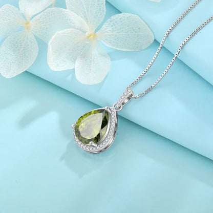 FJ Teardrop Pendant Necklace 925 Sterling Silver Birthstone Jewelry for Women - color: 08 August-Peridot