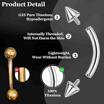 3PCS 16G 18G G23 Pure Titanium Eyebrow Piercing for Women Men Curved Barbell Tiny Eyebrow Ring Vertical Labret Lip Jewelry Internally Threaded Rook Helix Conch Daith Piercing Jewelry - color: Silver, size: 18G