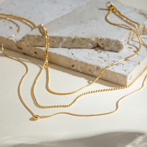 Women Stainless Steel Triple Strand Chain Necklace w Crystal Charm | Multi-Layered Dainty Style Three Layer Bead and Snake Chain Waterproof Non-Tarnish Trendy Jewelry Gifts - color: Gold