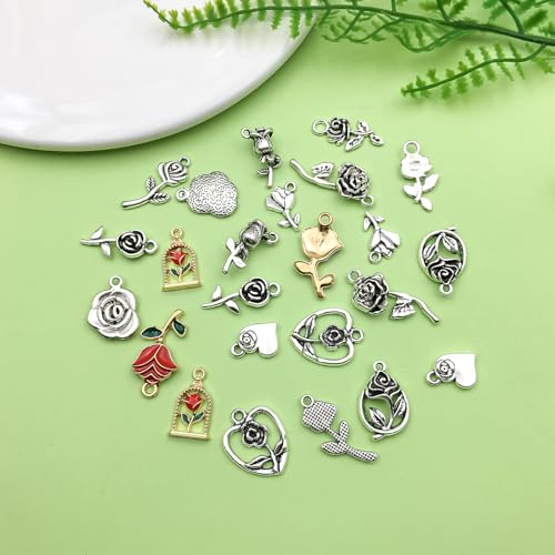 Sailanzi 96pcs Alloy Ancient Silver Rose Series Pendant Jewelry Making DIY Keychain Earrings Pendant Various Design Charms for Jewelry Making Bracelets Necklace (SN439) - color: SN439