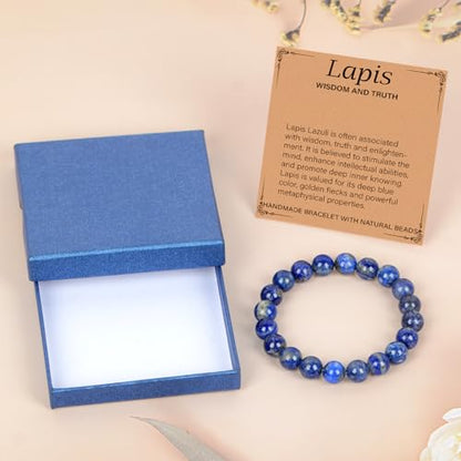 LPBeads Handmade Natural Gemstone Stretch Elastic Bracelet Healing Crystal Round Stone Beads Jewelry Gifts for Women Men - color: Lapis Lazuli, size: 10mm