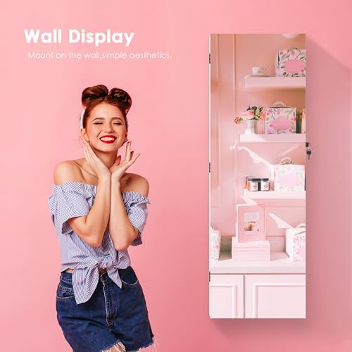 PEALSN Full Length Mirror Jewelry Organizers and Storage Cabinet, Wall or Door Mounted, Necklace Ring Earring, and Makeup Storage Lockable Gift Armoire, White.