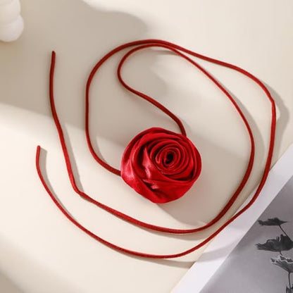 Red Camellia Flower Fabric Choker Necklace for Women Black Rose Floral Rope Statement Necklaces Trendy Costume Outfit Cloth Jewelry Petal Accessories - color: Red