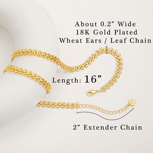 Aobei Pearl 18K Gold Plated Paperclip Chain Choker Satellite Chain Freshwater Cultured Biwa Pearl Pendant Necklace Dainty Turquoise Jewelry for Women - color: 18K Gold Plated Wheat Ears Leaf Chain
