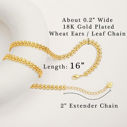 Aobei Pearl 18K Gold Plated Paperclip Chain Choker Satellite Chain Freshwater Cultured Biwa Pearl Pendant Necklace Dainty Turquoise Jewelry for Women - color: 18K Gold Plated Wheat Ears Leaf Chain