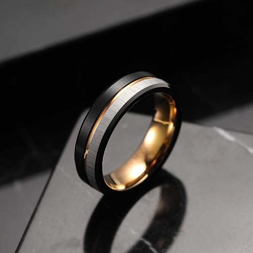 King Will Mens Tungsten Carbide Wedding Band with Groove Design | 6/7/8mm Width, Grooved, Comfort Fit, Everyday Wear - color: Black&Gold&Silver-6mm
