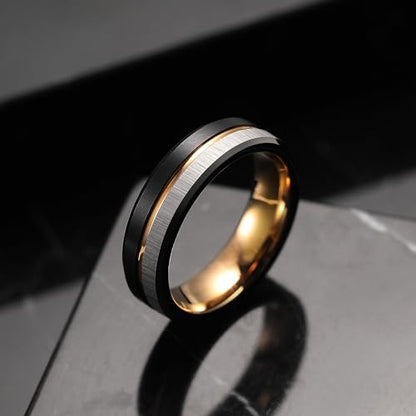 King Will Mens Tungsten Carbide Wedding Band with Groove Design | 6/7/8mm Width, Grooved, Comfort Fit, Everyday Wear - color: Black&Gold&Silver-6mm