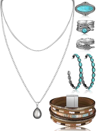 Ecally Bohemian Western Jewelry Turquoise Set Women Country Pendant Long Choker Layered Bracelets Earrings Ring for Women - color: Turquoise, style: Classic