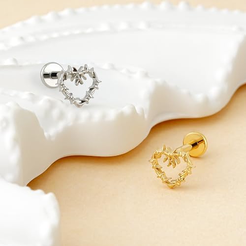 Hollow Heart Piercing Jewelry Collection - ASTM F136 Titanium Internally Threaded Flat Back Stud for Cartilage, Helix, Conch - color: Spiked Heart - Tit