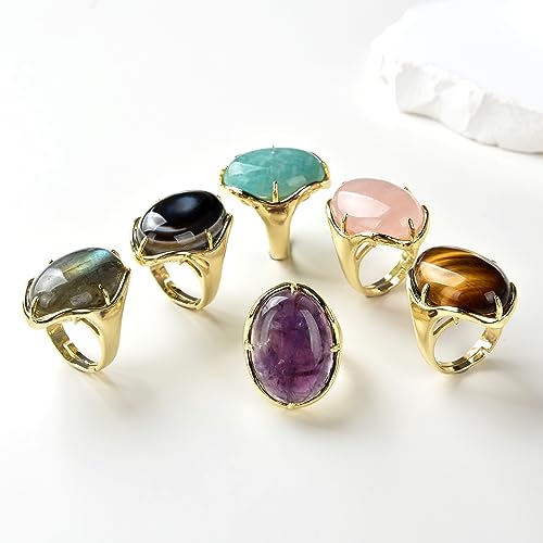 Natural Stone Adjustable Finger Rings Semi Precious Oval Shaped Gemstone Jewelry For Women Anniversary Birthday Wedding Gift - color: Amethyst