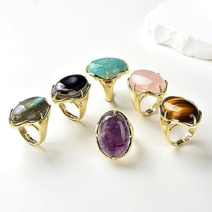 Natural Stone Adjustable Finger Rings Semi Precious Oval Shaped Gemstone Jewelry For Women Anniversary Birthday Wedding Gift - color: Amethyst