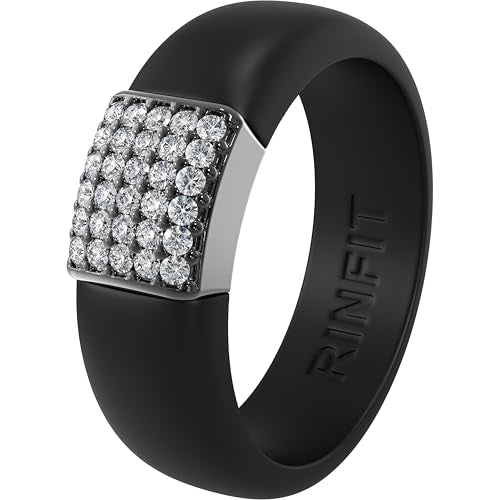 Rinfit Silicone Ring with Metal Plate & CZ for Women | AAAAA Grade Cubic Zirconia Stones, Flexible Rubber Wedding Band, Comfortable Fit, Engagement Ring for Her, Patented Design - color: Pack H: Black and Gunmetal Grey