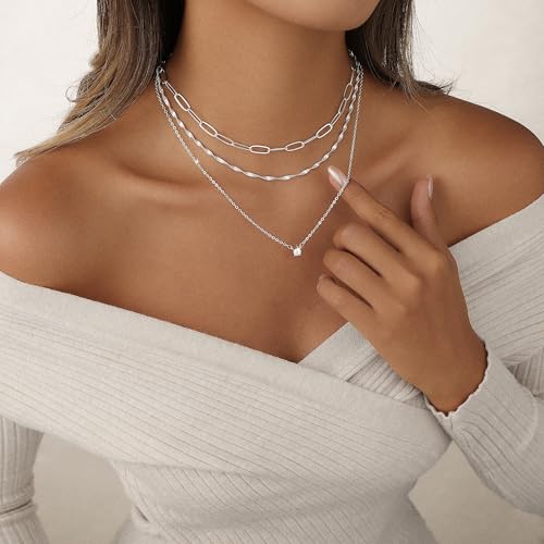 Layered Gold Necklace Set for Women Dainty Waterproof Cute Choker | 14K Gold Plated Minimalist Non Tarnish Lightweight CZ Pendant Pearl Twist Paperclip Chain Jewelry Gifts - style: 3PCS-Paperclip chain zircon-SL