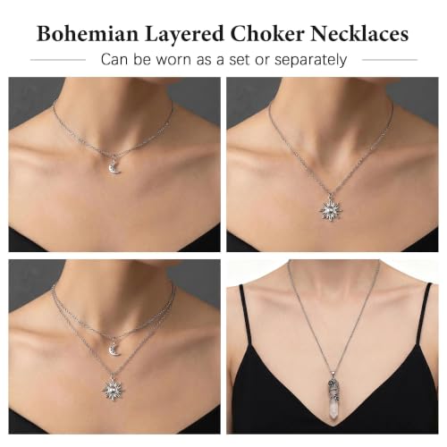Gothic Emo Grunge Crescent Moon Layered Choker for Women | Boho Moon Sun Star Crystal Pendant Necklace, Punk Witchy Halloween Christmas Jewelry Accessories Gifts - color: White