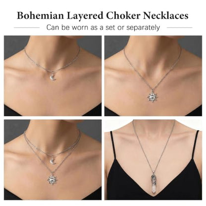Gothic Emo Grunge Crescent Moon Layered Choker for Women | Boho Moon Sun Star Crystal Pendant Necklace, Punk Witchy Halloween Christmas Jewelry Accessories Gifts - color: White