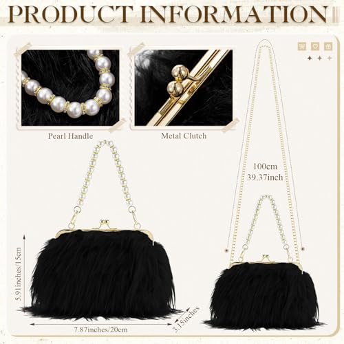 Liliaafar 4 Pcs Evening Clutch Purse with Pearl Jewelry Sets,Clutch Bag Pearl Earrings Necklace Bracelet for Wedding Party - color: Black, style: Fluffy Feather
