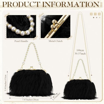 Liliaafar 4 Pcs Evening Clutch Purse with Pearl Jewelry Sets,Clutch Bag Pearl Earrings Necklace Bracelet for Wedding Party - color: Black, style: Fluffy Feather