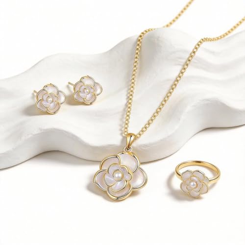 Wedding Jewelry Sets for Brides Bridesmaid Pearl Jewelry Set Fancy Gold Flower Necklace and Earrings Simple Pearl Necklace for Women Bridal Earrings Wedding Accessories Essentials Gifts - color: A9：3pcs flower jewelry set