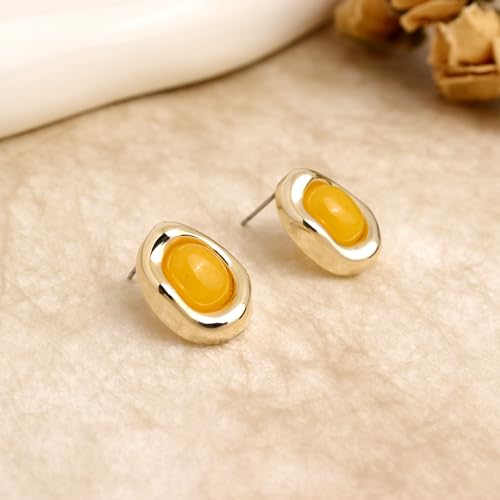 Jean Beau Chunky Gold Stone Stud Earrings for Women, Trendy Natural Gemstone Hypoallergenic Earing Valentine Jewelry Gift - color: Canary Yellow