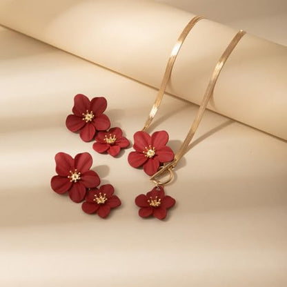 Colorful Flower Necklace Earrings Set for Women Gold Snake Chain Toggle Clasp Pendant Necklaces Dainty Double Flowers Statement Earrings Bridal Wedding Summer Beach Jewelry for Women - color: red