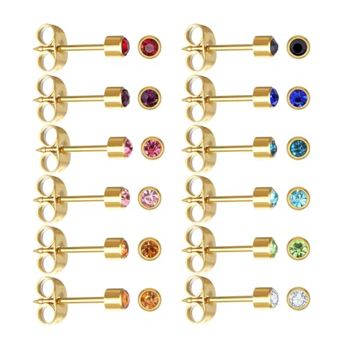 12 Pairs Ear Piercing Stud Earrings for Ear Piercing Guns, Surgical Stainless Steel Multicolor Round Heart Star Cubic Zirconia Birthstone Stud Earrings Set - style: Gold round 3mm