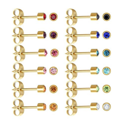 12 Pairs Ear Piercing Stud Earrings for Ear Piercing Guns, Surgical Stainless Steel Multicolor Round Heart Star Cubic Zirconia Birthstone Stud Earrings Set - style: Gold round 3mm