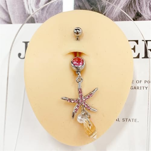 Starfish Dangle Belly Button Rings for Women Rhinestone Ocean Star with Pearl Conch Charm Navel Piercing Stainless Steel Curved Navel Barbell Ring Beach Jewelry - color: Pink
