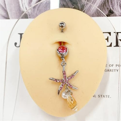 Starfish Dangle Belly Button Rings for Women Rhinestone Ocean Star with Pearl Conch Charm Navel Piercing Stainless Steel Curved Navel Barbell Ring Beach Jewelry - color: Pink