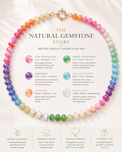 AMOREA Colorful Natural Gemstone Choker Necklace for Women, 5x8mm Genuine Stone Beads, Gold Accent Collarbone Necklace, Summer Vacation Jewelry - color: Sunset Candy