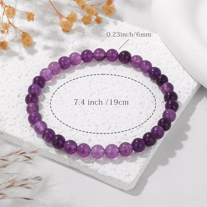 Crystal Beaded Bracelets for Women 4mm Clear Quartz Bead Handmade Gemstone Stretch Elastic Bracelet Natural Stone Crystal Healing Reiki Spiritual Jewelry Gifts - color: Amethyst, size: 6mm