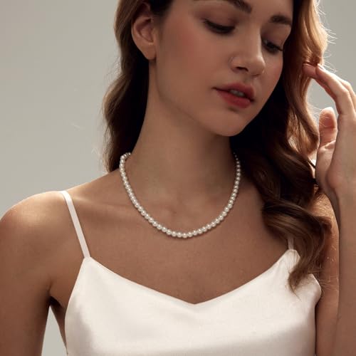 Zeffy Pearl Necklace 4MM/6MM/8MM Dainty Round Imitation Pearl Choker Necklace Wedding Pearl Necklace Delicate Jewelry for Women Simple Bridesmaid Jewelry Gifts - style: 6mm Silver Pearl Necklace(16"+2")