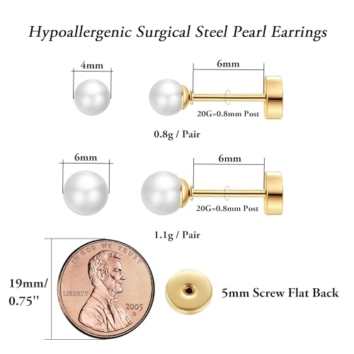 SmileBelle 2 Pairs Pearl Stud Earrings for Women, Flat Back Earring | 20 Gauge Titanium Screw Back Earrings for Nap Sleep, Cartilage Stud Earrings for Girls Helix Piercing Jewelry - size: 4mm+6mm, style: Gold Pearl