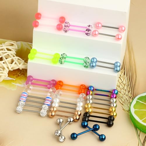 Suotarn 40pcs 14G Mix-Color Stainless Steel Straight Barbell Tongue Rings Bars Piercing 5/8" Length Acrylic Glow In Dark Flexible Retainer Body Jewelry For Women Men
