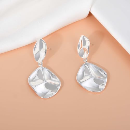 Large Geometric Drop Dangle Earrings for Women Pearl Teardrop Disc Rectangle Oval Fishtail Shell Shaped Textured Dangle Studs Earrings for Women - color: Silver-Irregular