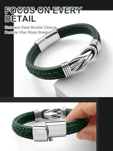 Mens Black Braided Leather Bracelet, Green/Red/Brown/Black Braided Leather Infinity Knot Bracelets for Men with Stainless Steel Clasp, 7.5/8.5/9in Length - color: 04-Green