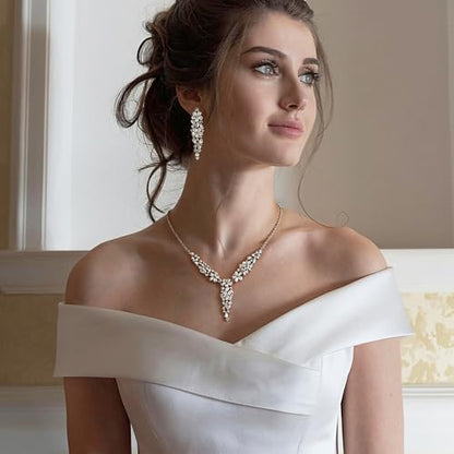 EleQueen Statement Sparkle Crystal Necklace Bracelet Dangle Earrings Set for Women, Art Deco Prom Chandelier Jewelry for Wedding Bridal - color: White-Silver-Plated-Base