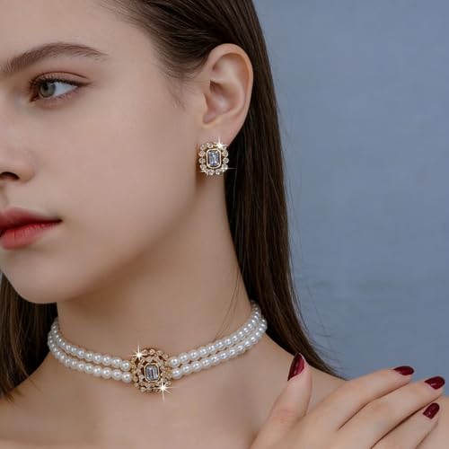 Classic Double Strand Faux Pearl Choker Necklace and Earrings Set with Crystal Accent, Elegant Jewelry for Special Occasions and Everyday Wear - color: clear