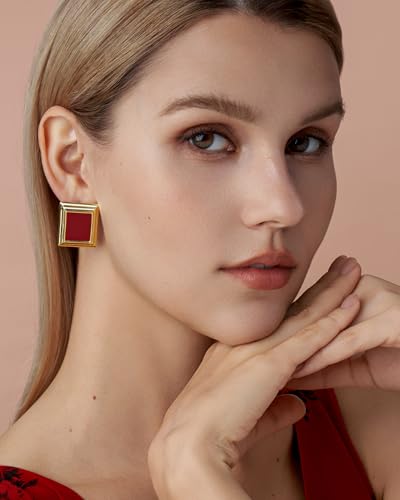 18K Gold Plated Burgundy Maroon Black Large Chunky Thin Ribbed Chamfered Square Geometric Dangle Stud Statement Earrings for Women by SNGIA , Big Tropical Button Bohemian Handmade Trendy Baroque Enamel Vacation Summer Chandelier Drop Jewelry Gifts, Rectan