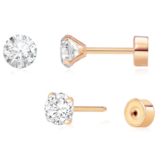 Threadless Flat Back Earrings, Hypoallergenic 14K Real Gold Plated CZ Stud Earrings | Cartilage Earring | Tragus Helix Piercing Jewelry | Push in Flatback Earrings for Women Men - color: Rose Gold, size: 6 Millimeters